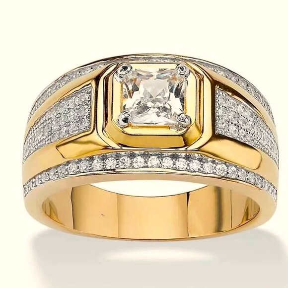 ๐ Men's Princess Cut 1.50 Ctw, Micro Pave Diamond Ring 18K Yellow Gold ๐ - Picture 4 of 6